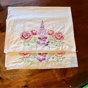MCM handmade Embroidered POPPIES, FOXGLOVE, Pair Linen Pillowcases Cottage Core